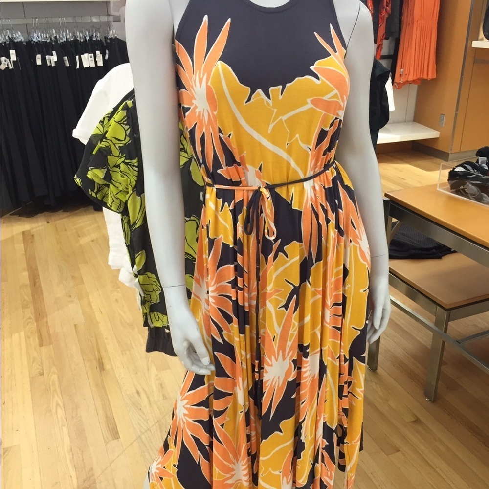 Gap Maxi Dress Resort-Wear Asymmetrical Hem Racer Back Orange Tropical Floral LG - Picture 2 of 7